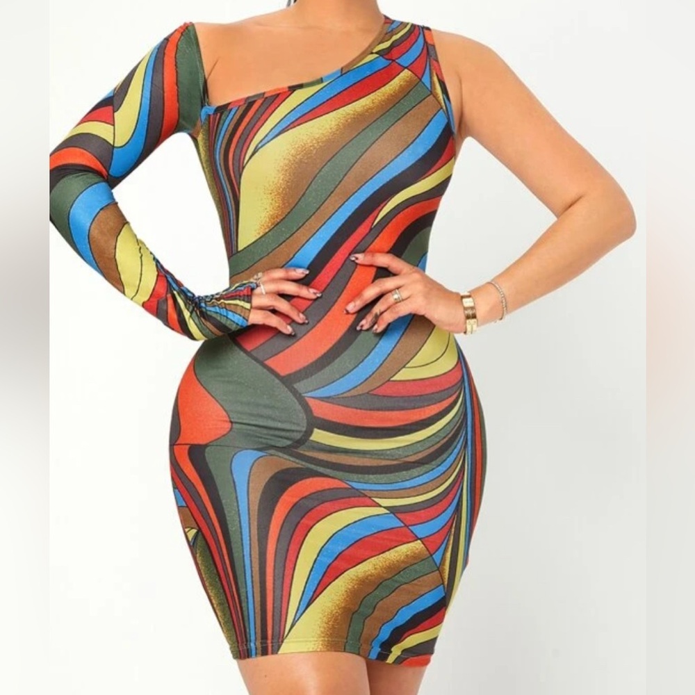 Allover Print Asymmetrical Neck Bodycon Dress